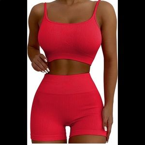 Red Seamless Ribbed High Waist Shorts with Sports Bra Activewear Set